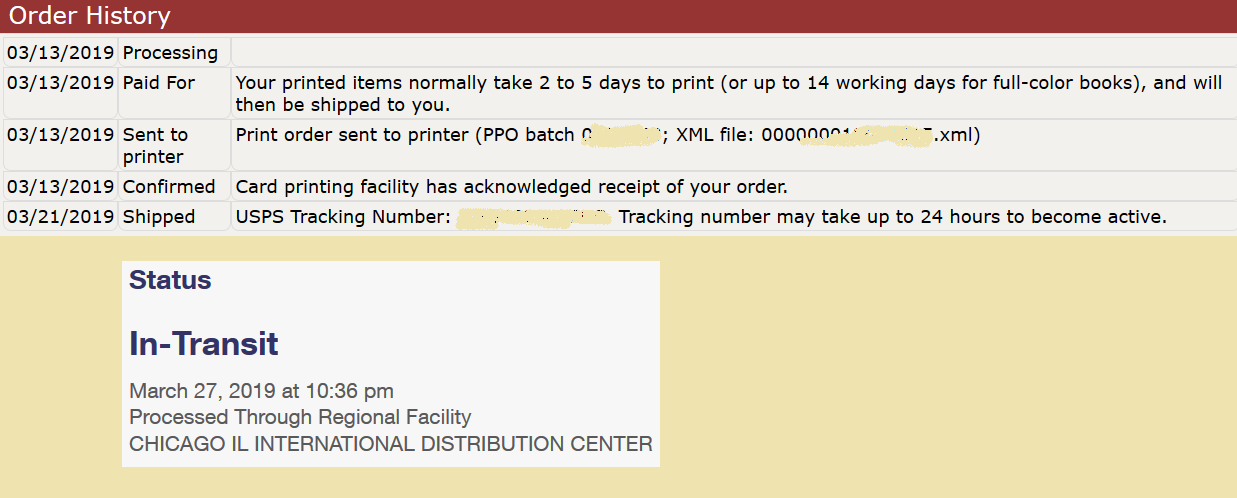 Parcel tracking history showing 8 days from payment to printed, and another 6 days before being internationally shipped.